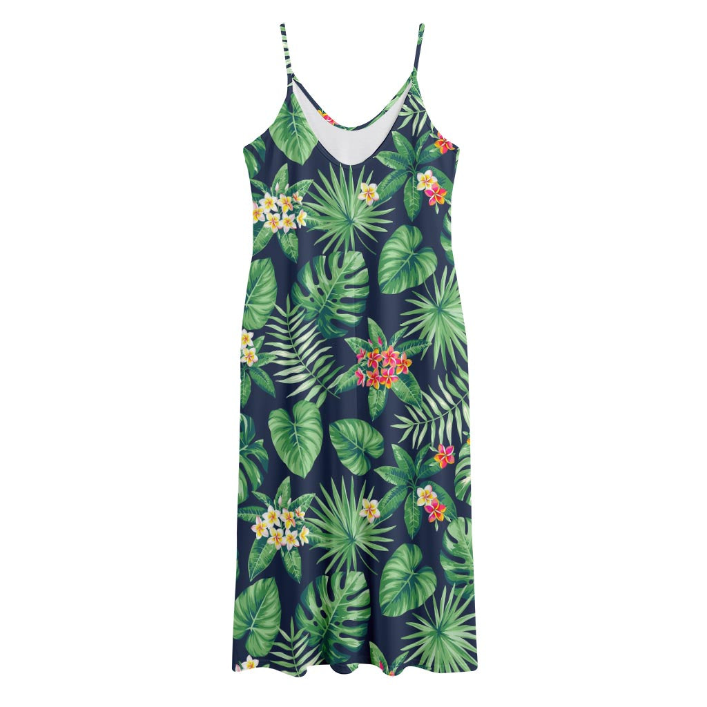 Hawaiian Tropical Leaves Pattern Print Jersey Midi Cami Dress