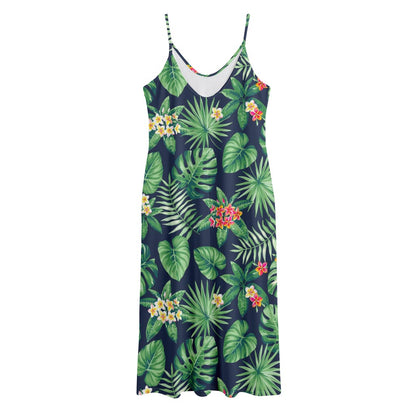 Hawaiian Tropical Leaves Pattern Print Jersey Midi Cami Dress