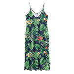 Hawaiian Tropical Leaves Pattern Print Jersey Midi Cami Dress