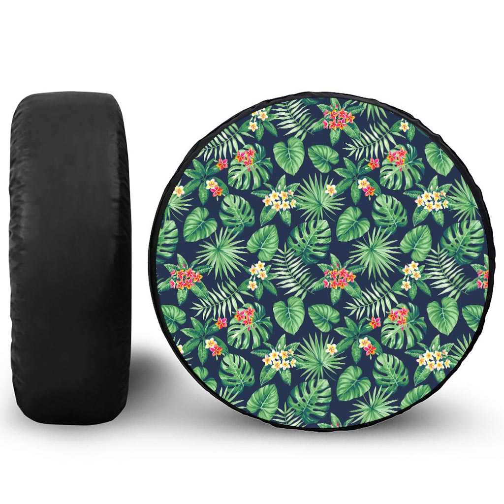 Hawaiian Tropical Leaves Pattern Print Leather Spare Tire Cover