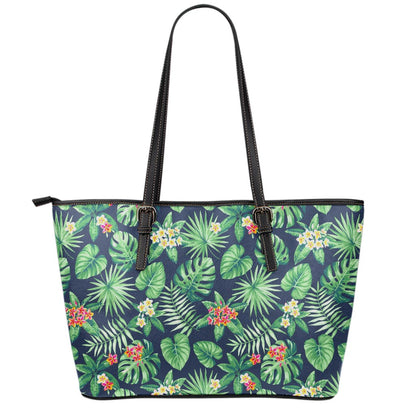 Hawaiian Tropical Leaves Pattern Print Leather Tote Bag