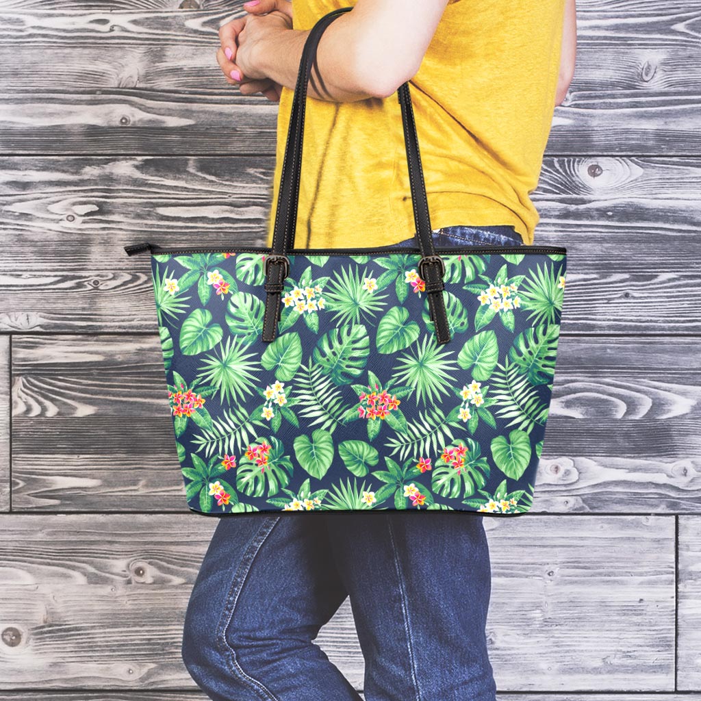 Hawaiian Tropical Leaves Pattern Print Leather Tote Bag