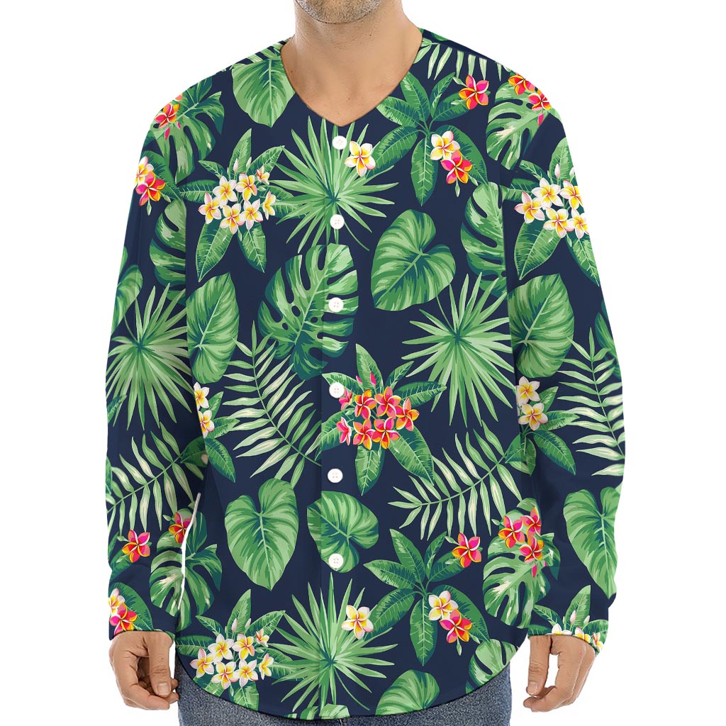Hawaiian Tropical Leaves Pattern Print Long Sleeve Baseball Jersey