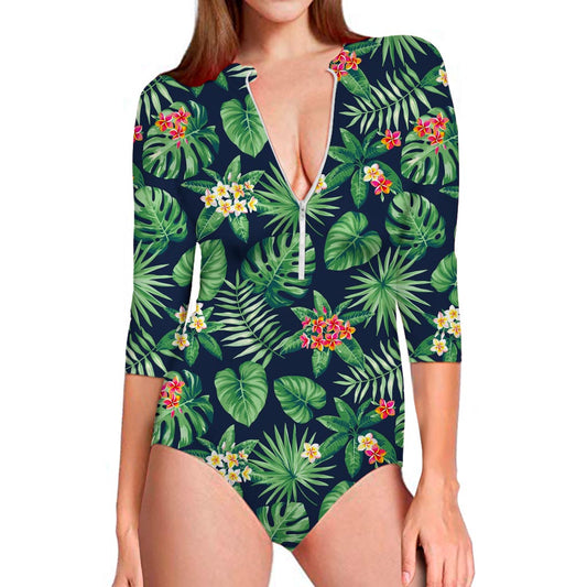 Hawaiian Tropical Leaves Pattern Print Long Sleeve Swimsuit
