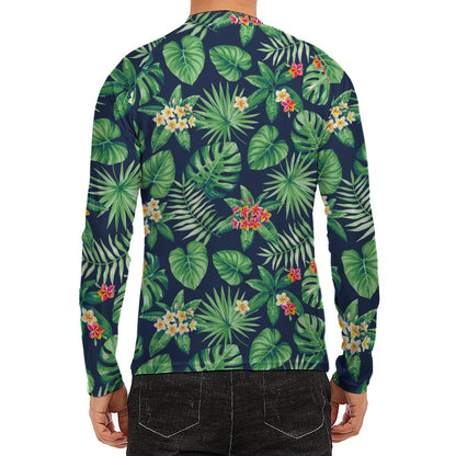 Hawaiian Tropical Leaves Pattern Print Men's Long Sleeve Rash Guard