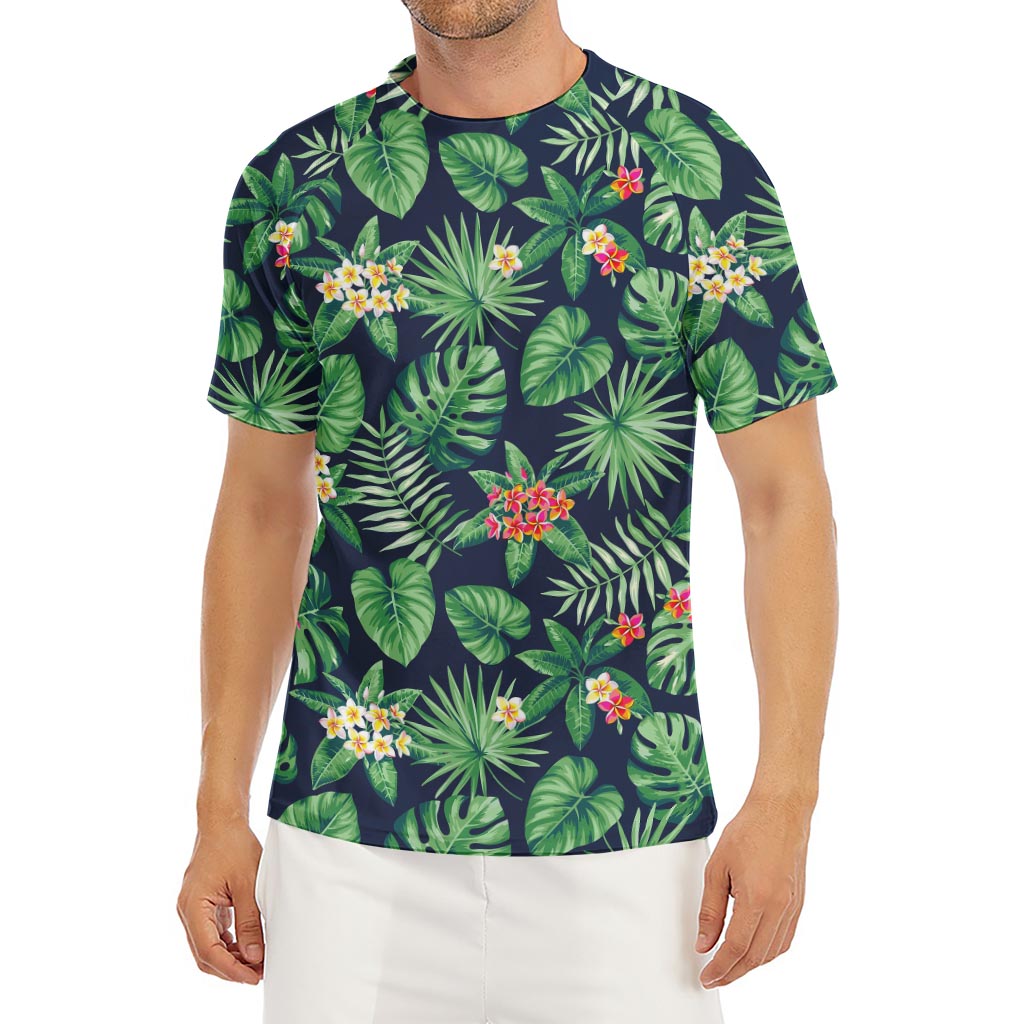 Hawaiian Tropical Leaves Pattern Print Men's Short Sleeve Rash Guard