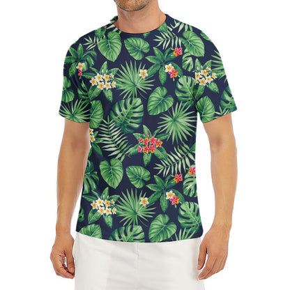 Hawaiian Tropical Leaves Pattern Print Men's Short Sleeve Rash Guard