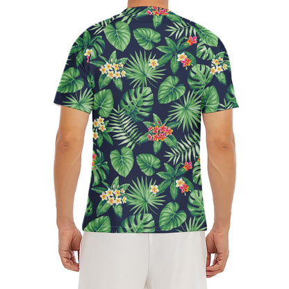 Hawaiian Tropical Leaves Pattern Print Men's Short Sleeve Rash Guard