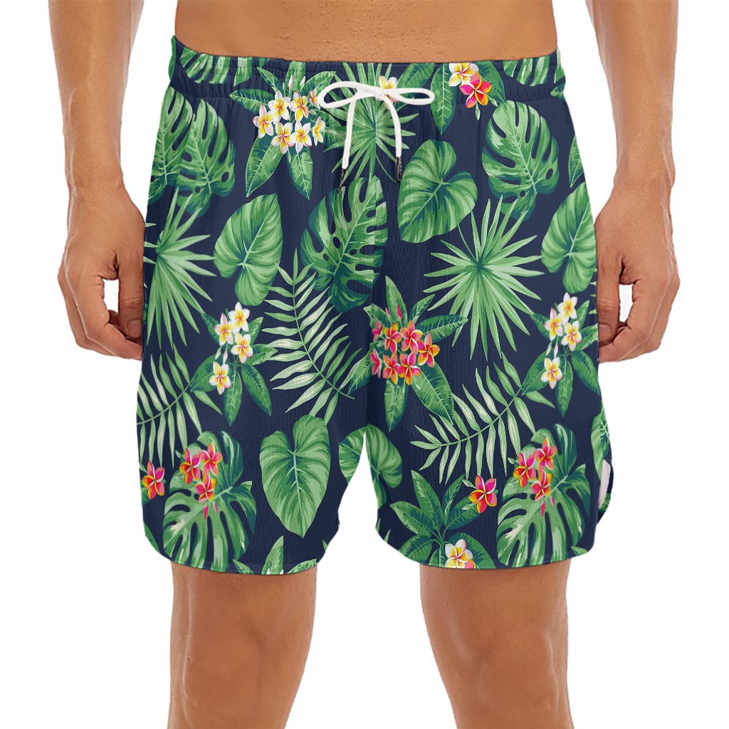 Hawaiian Tropical Leaves Pattern Print Men's Split Running Shorts