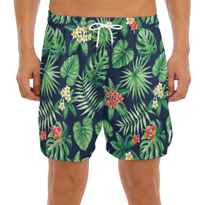 Hawaiian Tropical Leaves Pattern Print Men's Split Running Shorts