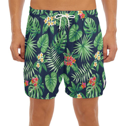 Hawaiian Tropical Leaves Pattern Print Men's Split Running Shorts
