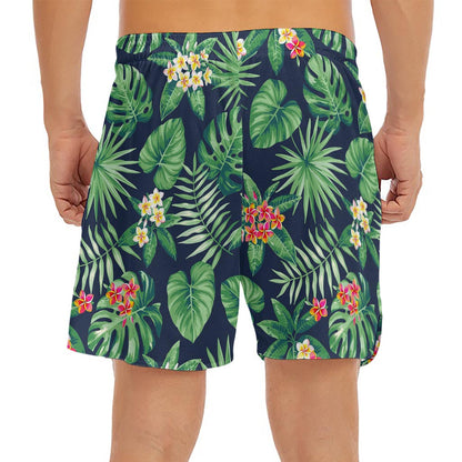 Hawaiian Tropical Leaves Pattern Print Men's Split Running Shorts