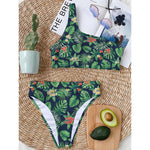 Hawaiian Tropical Leaves Pattern Print One Shoulder Bikini Top