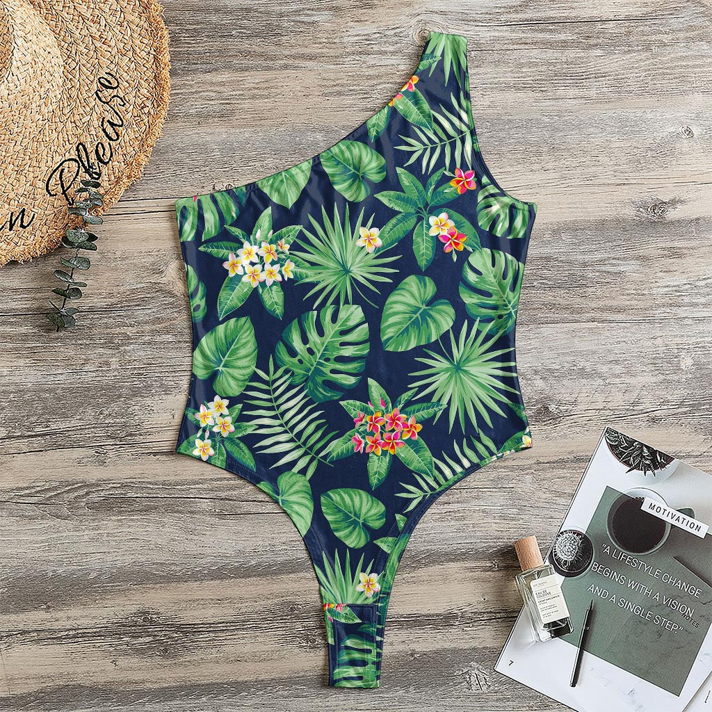 Hawaiian Tropical Leaves Pattern Print One Shoulder Bodysuit