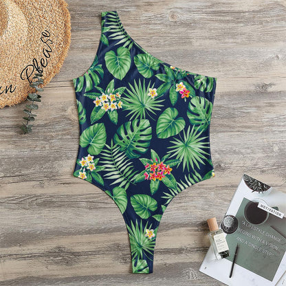 Hawaiian Tropical Leaves Pattern Print One Shoulder Bodysuit