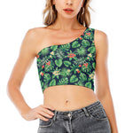 Hawaiian Tropical Leaves Pattern Print One Shoulder Crop Top