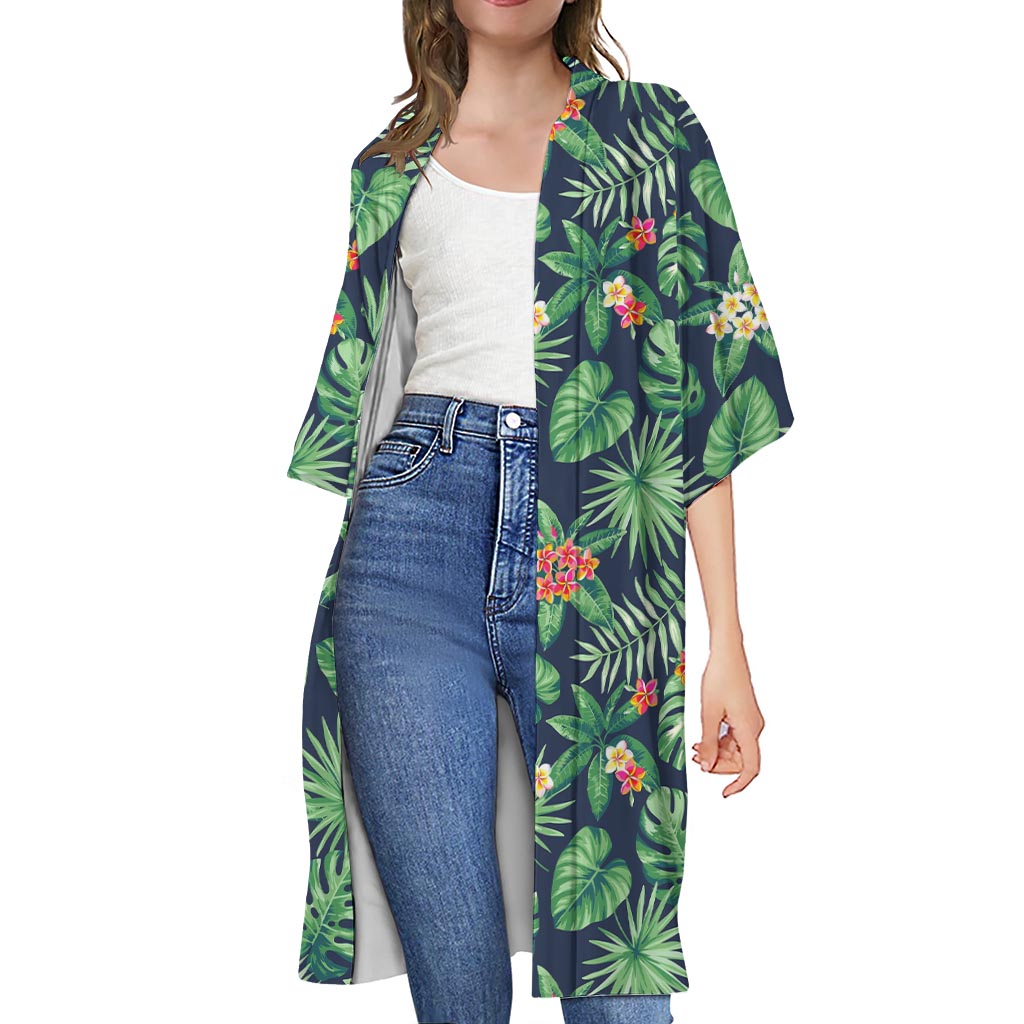 Hawaiian Tropical Leaves Pattern Print Open Front Beach Cover Up
