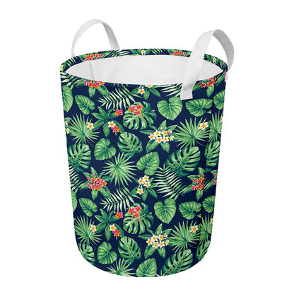 Hawaiian Tropical Leaves Pattern Print Round Laundry Basket