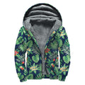 Hawaiian Tropical Leaves Pattern Print Sherpa Lined Zip Up Hoodie