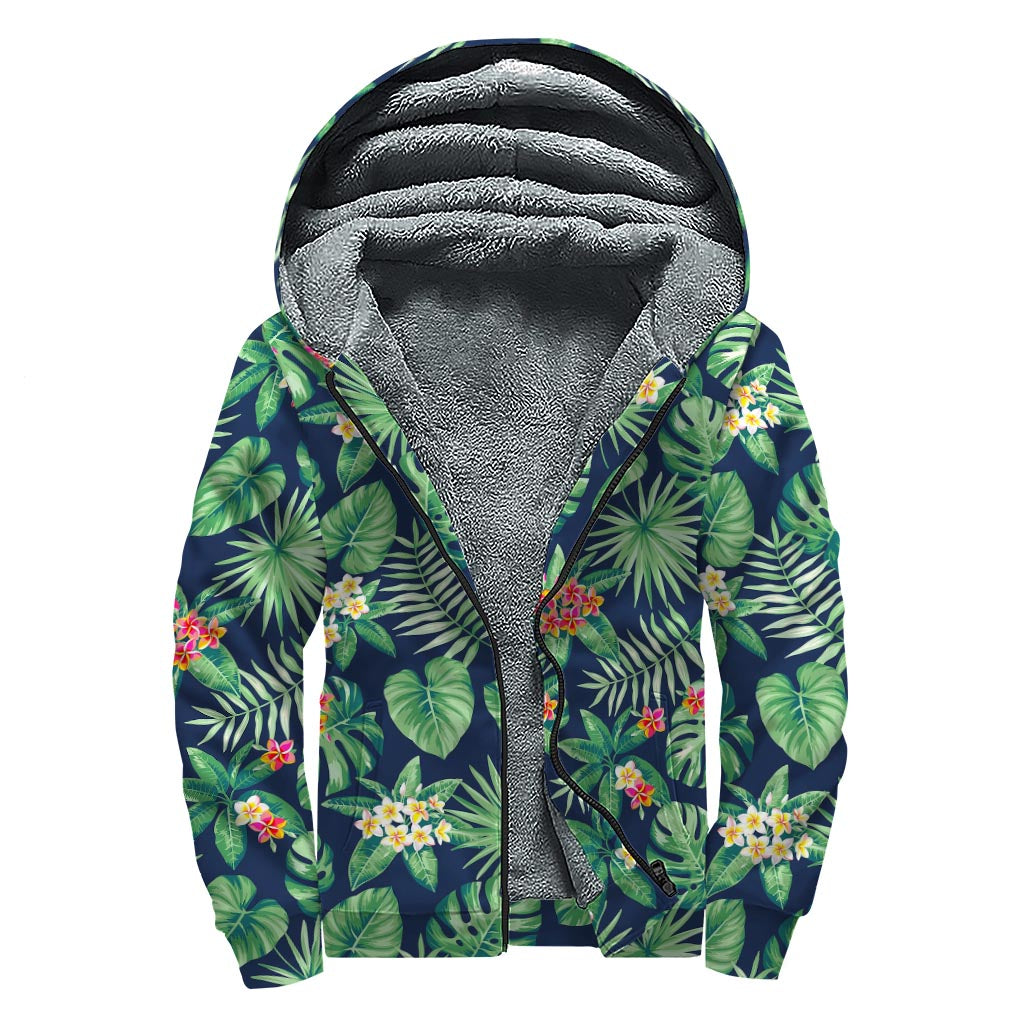 Hawaiian Tropical Leaves Pattern Print Sherpa Lined Zip Up Hoodie