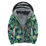 Hawaiian Tropical Leaves Pattern Print Sherpa Lined Zip Up Hoodie