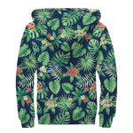 Hawaiian Tropical Leaves Pattern Print Sherpa Lined Zip Up Hoodie