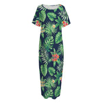 Hawaiian Tropical Leaves Pattern Print Short Sleeve Long Nightdress