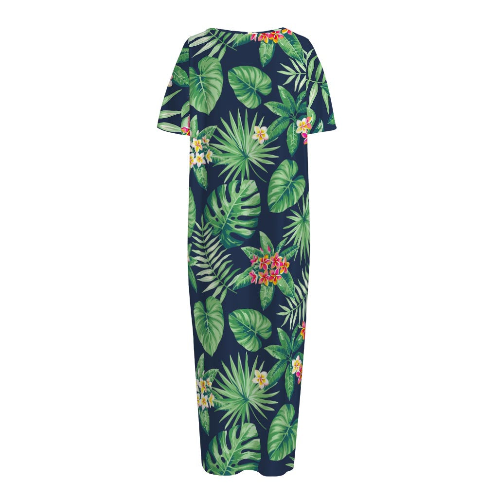 Hawaiian Tropical Leaves Pattern Print Short Sleeve Long Nightdress