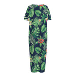 Hawaiian Tropical Leaves Pattern Print Short Sleeve Long Nightdress