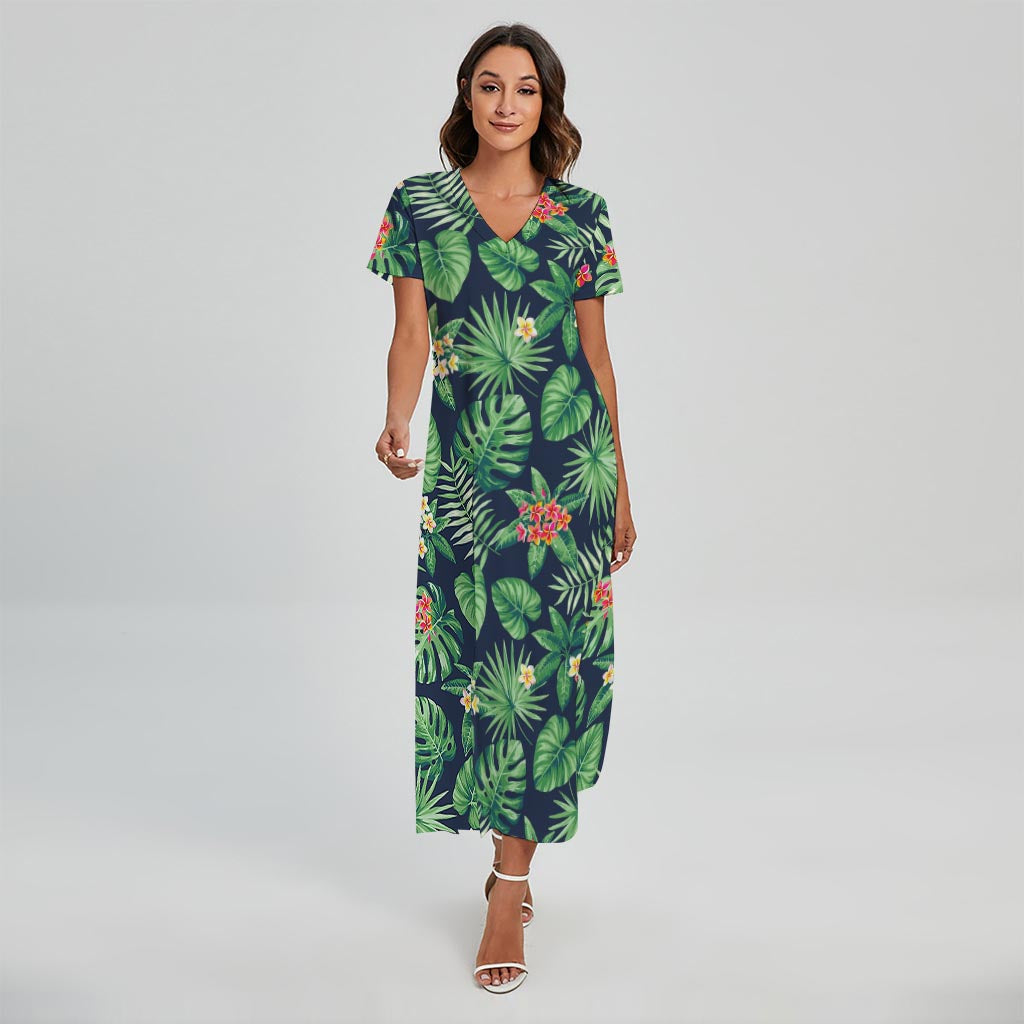 Hawaiian Tropical Leaves Pattern Print Short Sleeve Maxi Dress