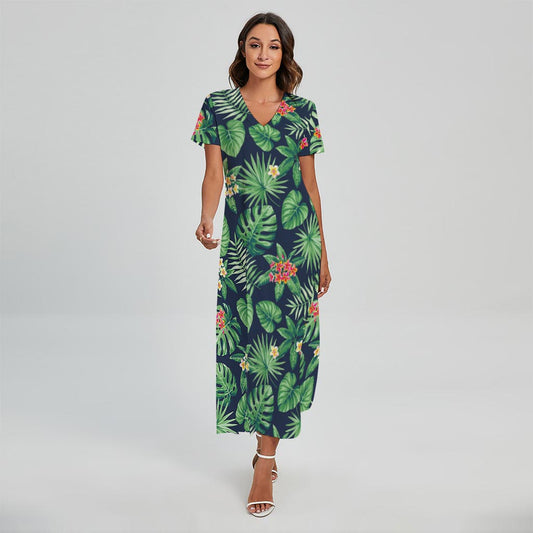Hawaiian Tropical Leaves Pattern Print Short Sleeve Maxi Dress