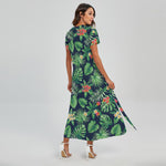 Hawaiian Tropical Leaves Pattern Print Short Sleeve Maxi Dress
