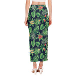 Hawaiian Tropical Leaves Pattern Print Side Slit Maxi Skirt