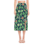 Hawaiian Tropical Leaves Pattern Print Side Slit Midi Skirt