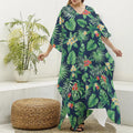 Hawaiian Tropical Leaves Pattern Print Silk V-Neck Kaftan Dress