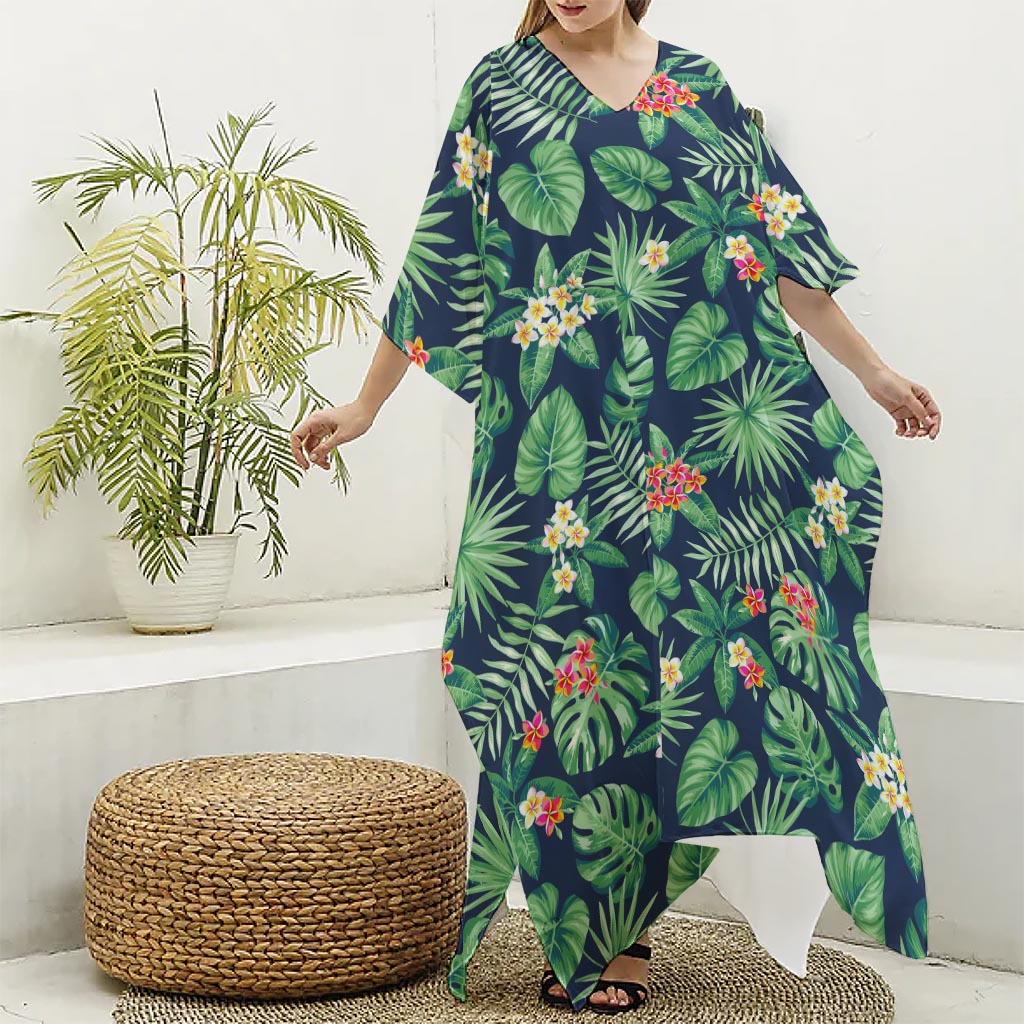 Hawaiian Tropical Leaves Pattern Print Silk V-Neck Kaftan Dress