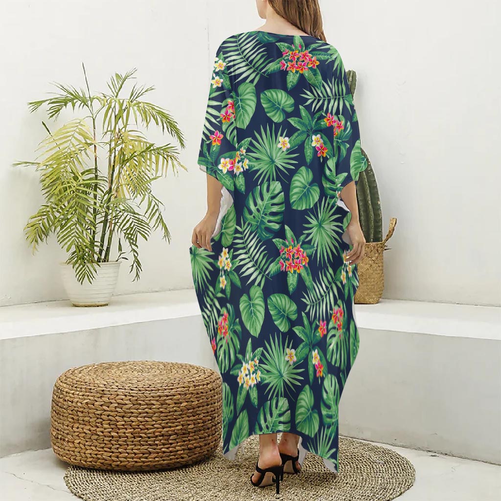 Hawaiian Tropical Leaves Pattern Print Silk V-Neck Kaftan Dress