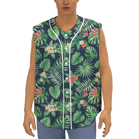Hawaiian Tropical Leaves Pattern Print Sleeveless Baseball Jersey