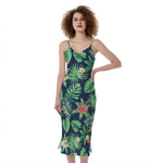 Hawaiian Tropical Leaves Pattern Print Slim Fit Midi Cami Dress