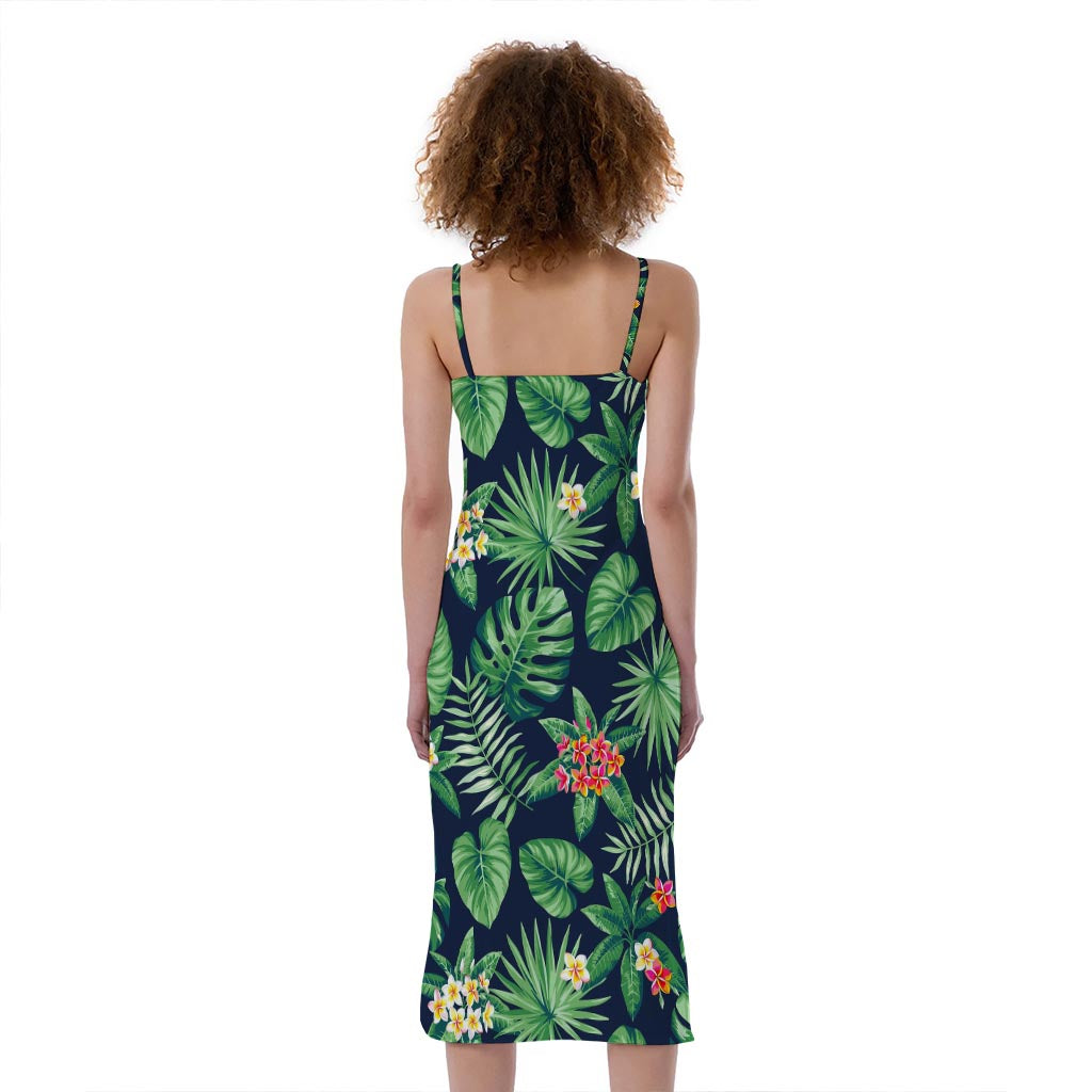 Hawaiian Tropical Leaves Pattern Print Slim Fit Midi Cami Dress