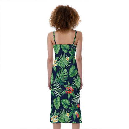 Hawaiian Tropical Leaves Pattern Print Slim Fit Midi Cami Dress