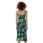 Hawaiian Tropical Leaves Pattern Print Slim Fit Midi Cami Dress