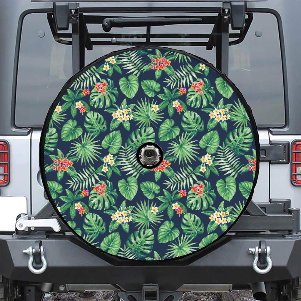Hawaiian Tropical Leaves Pattern Print Tire Cover With Camera Hole