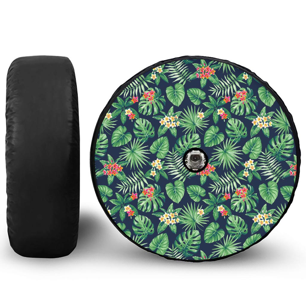 Hawaiian Tropical Leaves Pattern Print Tire Cover With Camera Hole