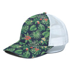 Hawaiian Tropical Leaves Pattern Print White Mesh Trucker Cap