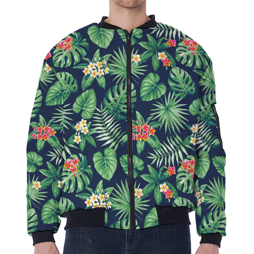 Hawaiian Tropical Leaves Pattern Print Zip Sleeve Bomber Jacket