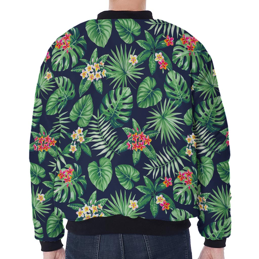 Hawaiian Tropical Leaves Pattern Print Zip Sleeve Bomber Jacket