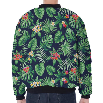 Hawaiian Tropical Leaves Pattern Print Zip Sleeve Bomber Jacket