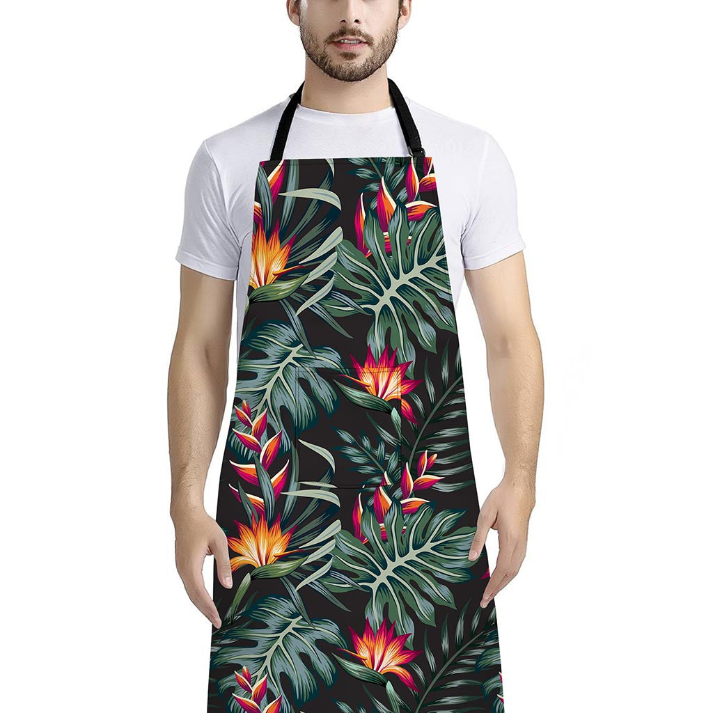Hawaiian Tropical Plants Pattern Print Bib Apron With Pocket