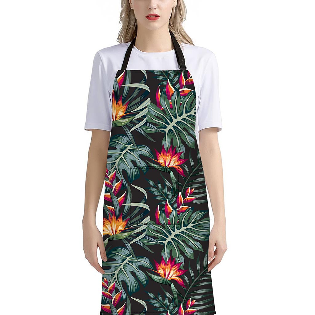 Hawaiian Tropical Plants Pattern Print Bib Apron With Pocket